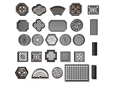 Traditional Lattice Windows With Various Intricate Carved Patterns And Different Shapes 3d model
