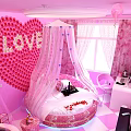 Romantic Hotel Room With Pink Walls White Female Silhouettes TV Rose And Bathtub
