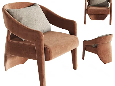 Brown Velvet Single Sofa With Gray Cushion And Modern Armrest Design 3d model