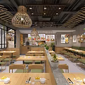 Modern Hot Pot Restaurant Interior With Wooden Dividers Seating Areas And Pendant Lights