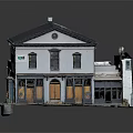 Cartoon Style Building Scene With Gray Roof White Walls And Colorful Storefronts