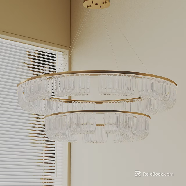 Modern Crystal Chandelier with Double Layer Circular Golden Frame in Indoor Corner Near White Blinds 3d model 