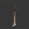 Ornate Metallic Sword With Spiked Hilt And Intricate Decorative Details