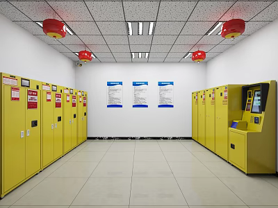 Interior Featuring Yellow Lockers Blue Signs Red Lanterns And Self Service Machine Arranged 3d model