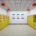 Interior Featuring Yellow Lockers Blue Signs Red Lanterns And Self Service Machine Arranged