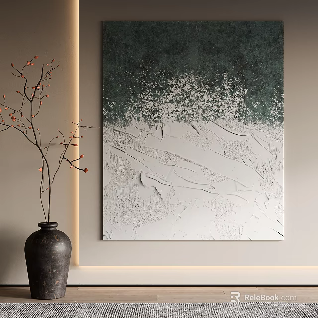 Abstract Green And White Painting With Black Vase And Orange Fruit Branches 3d model 