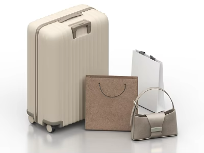 Beige Luggage With Brown Paper Bag White Folder And Beige Handbag 3d model