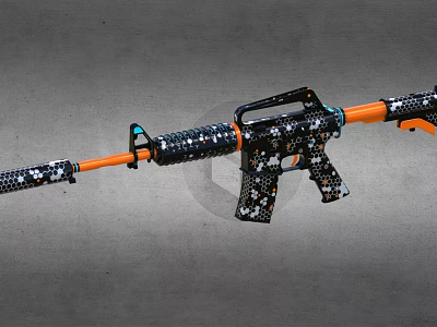 Toy Rifle With Black Camouflage Pattern And Orange Accents For Play 3d model