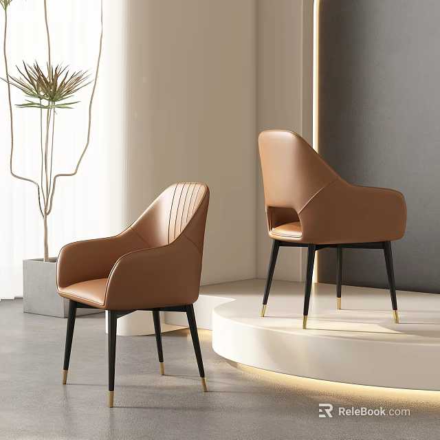 Modern Brown Leather Dining Armchairs With Black Legs And Gold Accents In Minimalist Interior 3d model 