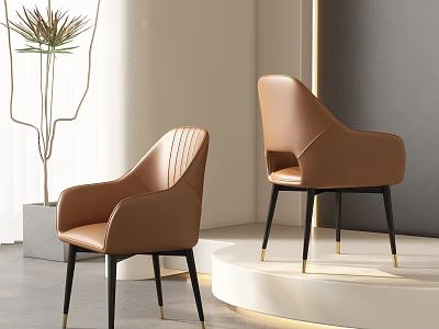 Modern Brown Leather Dining Armchairs With Black Legs And Gold Accents In Minimalist Interior 3d model