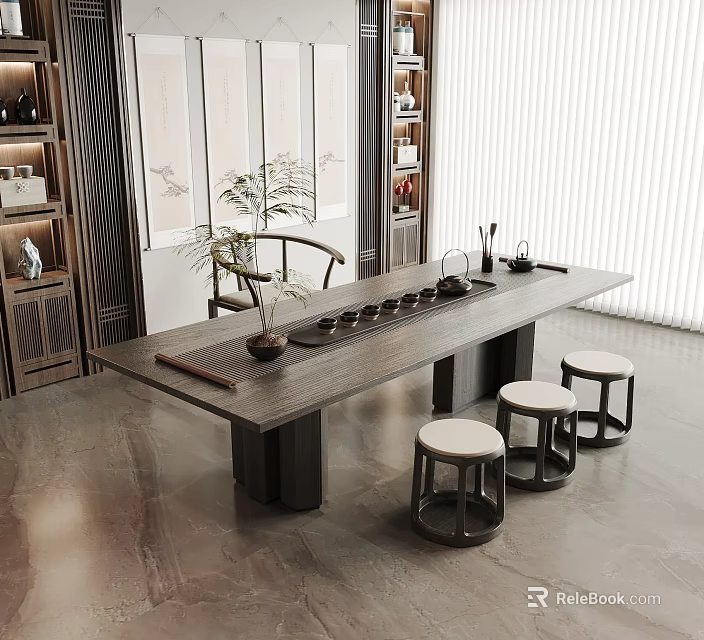 Chinese Style Tea Room Interior With Long Tea Table Tea Set And Round Stools 3d model