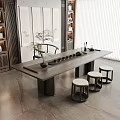 Chinese Style Tea Room Interior With Long Tea Table Tea Set And Round Stools 3d model