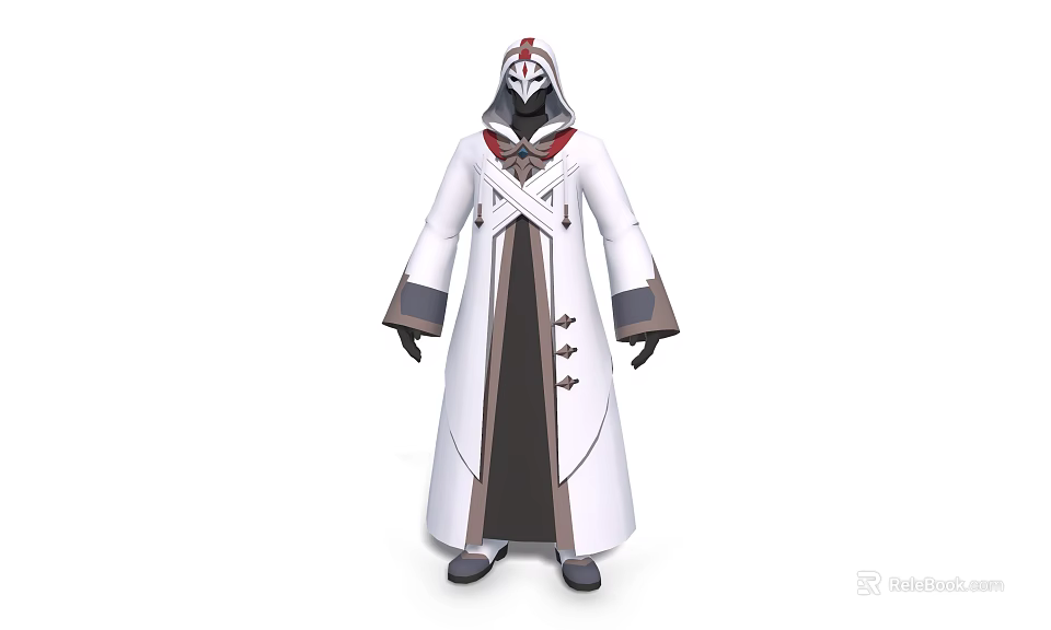 Hooded Character In White Robe With Red Gray Accents And Mysterious Design 3d model 