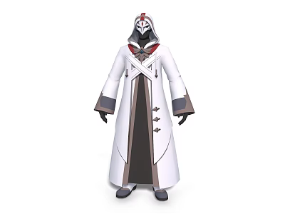 Hooded Character In White Robe With Red Gray Accents And Mysterious Design 3d model