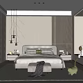 Modern Bedroom Interior With Comfortable Bed Nightstands Pendant Lights And Green Plants