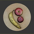 Ripe Banana Red Apple and Purple Plum on a Round Wooden Plate
