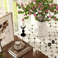 Indoor Decorative Ornament Set With White Vase Pink Flowers Framed Leaf Art And Candle