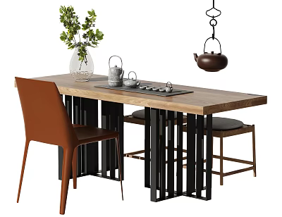 Stylish Tea Table And Chairs With Wooden Top Tea Set Green Plants And Hanging Teapot 3d model