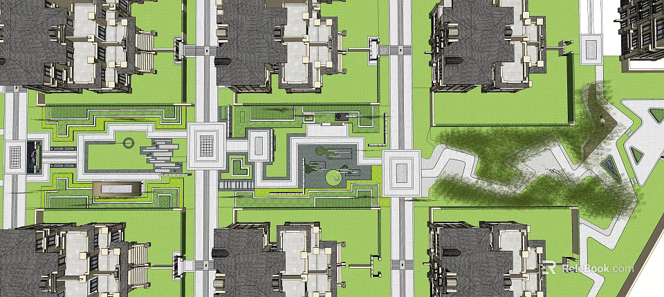 Residential Garden Landscape Design With Symmetric Green Spaces Pathways And Central Square 3d model 