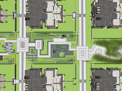 Residential Garden Landscape Design With Symmetric Green Spaces Pathways And Central Square 3d model