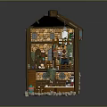 Cartoon Style House Interior With Brick Walls Wooden Staircase Tables Chairs Bookshelves Plants And Barrels