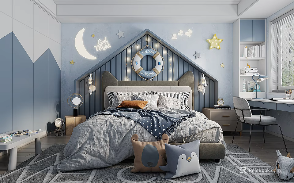 Kids Bedroom Interior with Moon Star Decor Sweet Dreams Sign Cozy Bed and Study Desk 3d model 