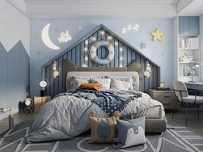 Kids Bedroom Interior with Moon Star Decor Sweet Dreams Sign Cozy Bed and Study Desk 3d model