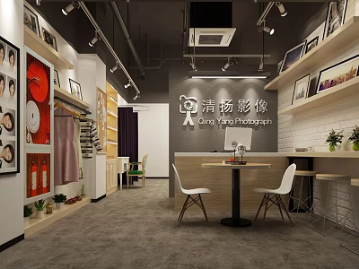Qing Yang Photography Studio Interior With Display Shelves Photos And Chairs 3d model