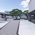 Modern Urban Landscape Design Around Buildings With Green Plants Water Features And Walkways