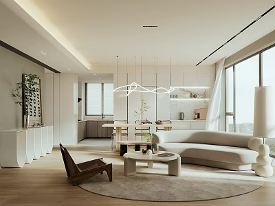 Modern Living And Dining Room Interior Design With Neutral Sofa Dining Table Pendant Lights And Large Windows 3d model