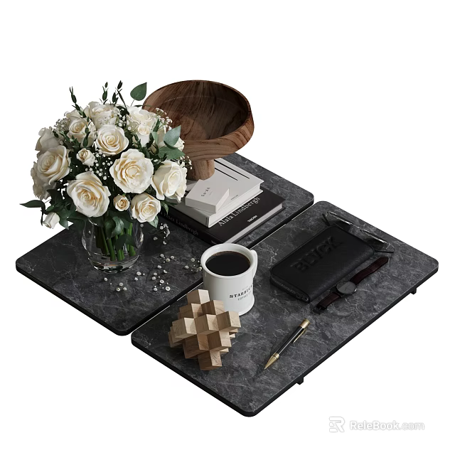 Decorative Ornament Set With White Roses Wooden Decor Puzzle Cube Coffee Cup On Black Trays 3d model 