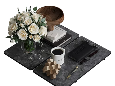 Decorative Ornament Set With White Roses Wooden Decor Puzzle Cube Coffee Cup On Black Trays 3d model