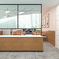 Mall Shop Restaurant Interior With Orange Chairs Wooden Tables Laksa Posters And Pendant Lights