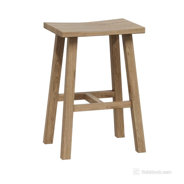 Simple Wooden Stool With Square Top Four Legs And Crossbar Design 3d model 