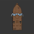 3D Rendered Wooden Sailing Ship With Blue And White Sail Tall Mast And Deck Details