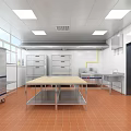 Commercial Kitchen Interior With Stainless Steel Worktables Tile Floor And Ventilation System