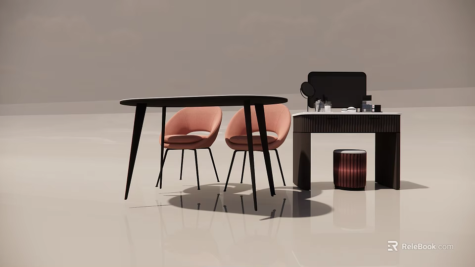 Modern Black Round Table With Pink Chairs And Side Cabinet Interior 3d model 