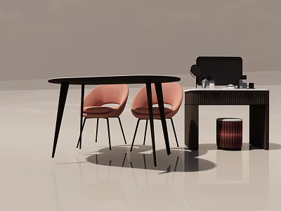 Modern Black Round Table With Pink Chairs And Side Cabinet Interior 3d model