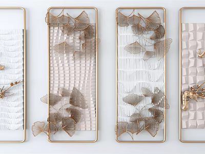 Modern Wall Decor with Golden Ginkgo Leaves Geometric Patterns and Metal Frames 3d model