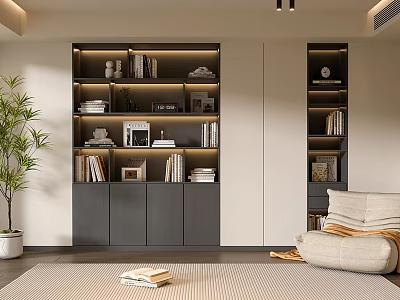 Modern Built in Bookcase with Books Decorative Items LED Lighting in Living Room Interior 3d model
