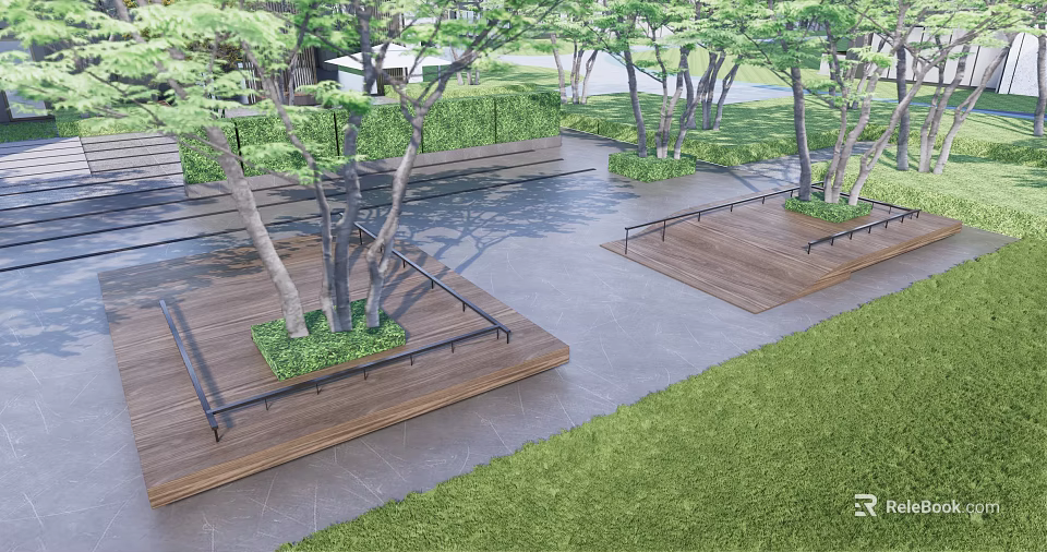 Modern Outdoor Tree Pits With Wooden Platforms Green Grass And Trees 3d model 