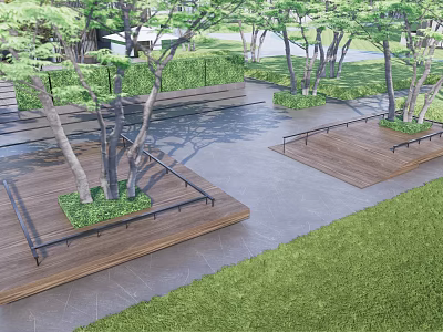 Modern Outdoor Tree Pits With Wooden Platforms Green Grass And Trees 3d model