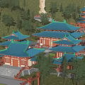 Ancient Chinese Architecture With Blue Tiled Roofs Red Structures Pagodas Amid Green Trees On Hillside