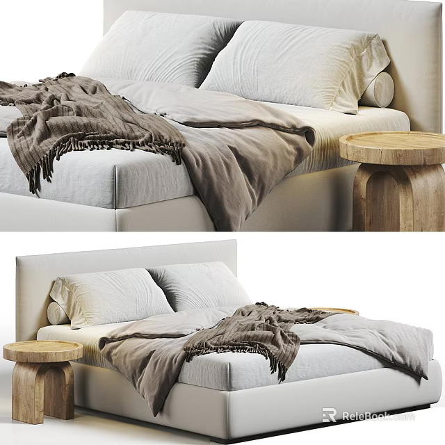 Modern Double Bed Interior With Gray Blanket And Wooden Side Table 3d model