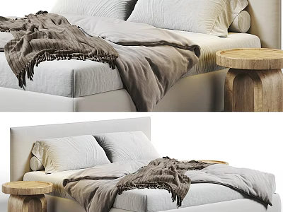 Modern Double Bed Interior With Gray Blanket And Wooden Side Table 3d model