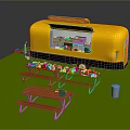 Yellow Food Truck With Outdoor Picnic Tables And Assorted Food Drinks