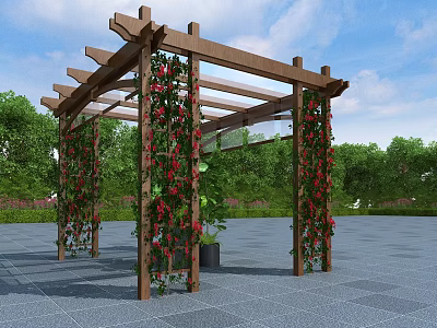 Wooden Garden Pergola Adorned With Red Climbing Vines And Green Plants 3d model