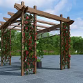 Wooden Garden Pergola Adorned With Red Climbing Vines And Green Plants