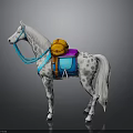 White Spotted Horse With Blue Reins And Colorful Saddle Equipment