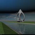 Modern Unique Shaped Bridge Over River With Green Grass And City Skyline